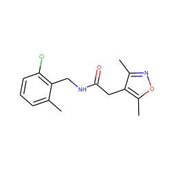 Cc1cccc(Cl)c1CNC(=O)Cc1c(C)noc1C ZINC000084688645