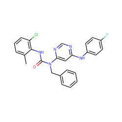 Cc1cccc(Cl)c1NC(=O)N(Cc1ccccc1)c1cc(Nc2ccc(F)cc2)ncn1 ZINC000036187630