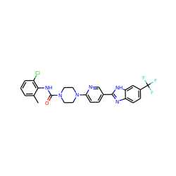 Cc1cccc(Cl)c1NC(=O)N1CCN(c2ccc(-c3nc4ccc(C(F)(F)F)cc4[nH]3)cn2)CC1 ZINC001772641047