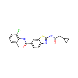 Cc1cccc(Cl)c1NC(=O)c1ccc2nc(NC(=O)CC3CC3)sc2c1 ZINC000013533981