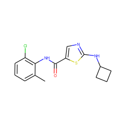 Cc1cccc(Cl)c1NC(=O)c1cnc(NC2CCC2)s1 ZINC000029041383