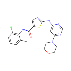 Cc1cccc(Cl)c1NC(=O)c1cnc(Nc2cc(N3CCOCC3)ncn2)s1 ZINC000014952207