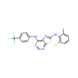 Cc1cccc(Cl)c1Nc1nc2c(Nc3ccc(C(F)(F)F)cc3)ncnc2s1 ZINC000040874793