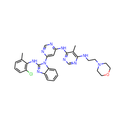 Cc1cccc(Cl)c1Nc1nc2ccccc2n1-c1cc(Nc2ncnc(NCCN3CCOCC3)c2C)ncn1 ZINC000044306229