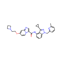Cc1cccc(Cn2nc(C3CC3)c3c(NC(=O)c4cnc5cc(OCCN6CCC6)ccn45)cccc32)n1 ZINC000117889520