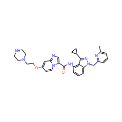 Cc1cccc(Cn2nc(C3CC3)c3c(NC(=O)c4cnc5cc(OCCN6CCNCC6)ccn45)cccc32)n1 ZINC000117877264