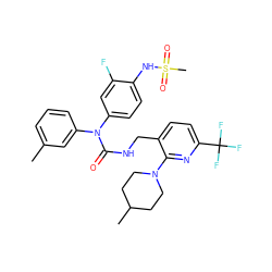 Cc1cccc(N(C(=O)NCc2ccc(C(F)(F)F)nc2N2CCC(C)CC2)c2ccc(NS(C)(=O)=O)c(F)c2)c1 ZINC000653873028