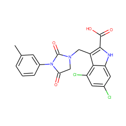 Cc1cccc(N2C(=O)CN(Cc3c(C(=O)O)[nH]c4cc(Cl)cc(Cl)c34)C2=O)c1 ZINC000013492840