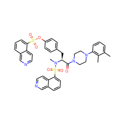 Cc1cccc(N2CCN(C(=O)[C@H](Cc3ccc(OS(=O)(=O)c4cccc5cnccc45)cc3)N(C)S(=O)(=O)c3cccc4cnccc34)CC2)c1C ZINC000095541994