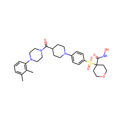 Cc1cccc(N2CCN(C(=O)C3CCN(c4ccc(S(=O)(=O)C5(C(=O)NO)CCOCC5)cc4)CC3)CC2)c1C ZINC000049775784