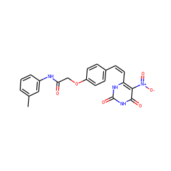 Cc1cccc(NC(=O)COc2ccc(/C=C\c3[nH]c(=O)[nH]c(=O)c3[N+](=O)[O-])cc2)c1 ZINC000013544910