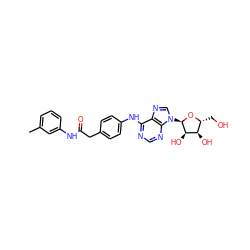 Cc1cccc(NC(=O)Cc2ccc(Nc3ncnc4c3ncn4[C@H]3O[C@H](CO)[C@@H](O)[C@H]3O)cc2)c1 ZINC000048998233