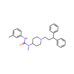 Cc1cccc(NC(=O)N(C)C2CCN(CCC(c3ccccc3)c3ccccc3)CC2)c1 ZINC000028351515