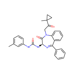 Cc1cccc(NC(=O)N[C@@H]2N=C(c3ccccc3)c3ccccc3N(CC(=O)C3(C)CC3)C2=O)c1 ZINC000027619066