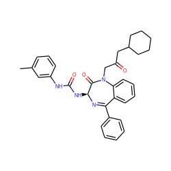 Cc1cccc(NC(=O)N[C@@H]2N=C(c3ccccc3)c3ccccc3N(CC(=O)CC3CCCCC3)C2=O)c1 ZINC000027619776