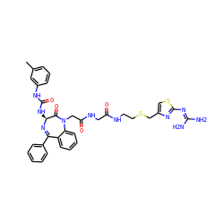 Cc1cccc(NC(=O)N[C@@H]2N=C(c3ccccc3)c3ccccc3N(CC(=O)NCC(=O)NCCSCc3csc(N=C(N)N)n3)C2=O)c1 ZINC000029211010