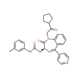 Cc1cccc(NC(=O)N[C@@H]2N=C(c3ccncc3)c3ccccc3N(CC(=O)C3CCCC3)C2=O)c1 ZINC000027647743