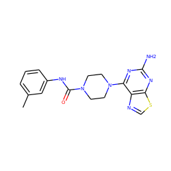 Cc1cccc(NC(=O)N2CCN(c3nc(N)nc4scnc34)CC2)c1 ZINC000205808400