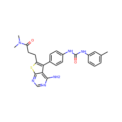 Cc1cccc(NC(=O)Nc2ccc(-c3c(CCC(=O)N(C)C)sc4ncnc(N)c34)cc2)c1 ZINC000013673652