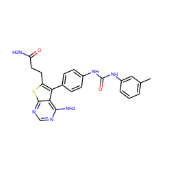 Cc1cccc(NC(=O)Nc2ccc(-c3c(CCC(N)=O)sc4ncnc(N)c34)cc2)c1 ZINC000013673648