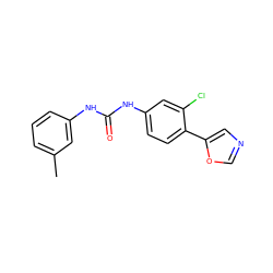 Cc1cccc(NC(=O)Nc2ccc(-c3cnco3)c(Cl)c2)c1 ZINC000013490406