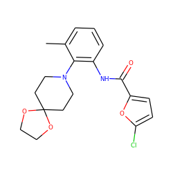 Cc1cccc(NC(=O)c2ccc(Cl)o2)c1N1CCC2(CC1)OCCO2 ZINC000062241945