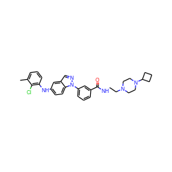 Cc1cccc(Nc2ccc3c(cnn3-c3cccc(C(=O)NCCN4CCN(C5CCC5)CC4)c3)c2)c1Cl ZINC000096906425