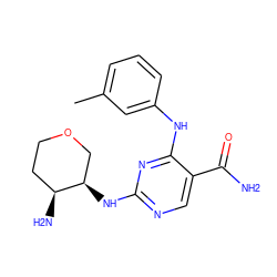 Cc1cccc(Nc2nc(N[C@@H]3COCC[C@@H]3N)ncc2C(N)=O)c1 ZINC000072141125