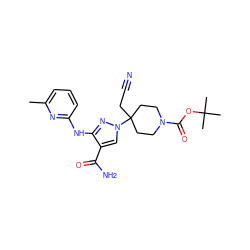 Cc1cccc(Nc2nn(C3(CC#N)CCN(C(=O)OC(C)(C)C)CC3)cc2C(N)=O)n1 ZINC000222097651