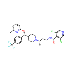 Cc1cccc(O[C@@H](c2ccc(C(F)(F)F)cc2)C2CCN([C@@H](C)CCNC(=O)c3c(Cl)cncc3Cl)CC2)n1 ZINC000071317021