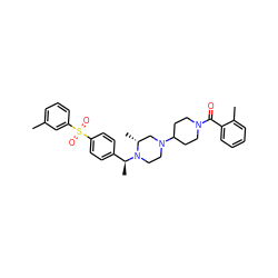 Cc1cccc(S(=O)(=O)c2ccc([C@H](C)N3CCN(C4CCN(C(=O)c5ccccc5C)CC4)C[C@H]3C)cc2)c1 ZINC000027873313