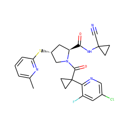 Cc1cccc(S[C@@H]2C[C@@H](C(=O)NC3(C#N)CC3)N(C(=O)C3(c4ncc(Cl)cc4F)CC3)C2)n1 ZINC000211092423