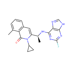 Cc1cccc2cc([C@H](C)Nc3nc(F)nc4[nH]cnc34)n(C3CC3)c(=O)c12 ZINC000088346030