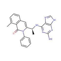 Cc1cccc2cc([C@H](C)Nc3nc(N)nc4[nH]cnc34)n(-c3ccccc3)c(=O)c12 ZINC000088345723