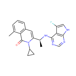 Cc1cccc2cc([C@H](C)Nc3ncnc4[nH]cc(F)c34)n(C3CC3)c(=O)c12 ZINC000088346142