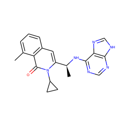 Cc1cccc2cc([C@H](C)Nc3ncnc4[nH]cnc34)n(C3CC3)c(=O)c12 ZINC000088345611