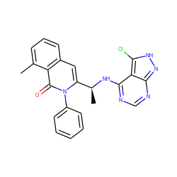 Cc1cccc2cc([C@H](C)Nc3ncnc4n[nH]c(Cl)c34)n(-c3ccccc3)c(=O)c12 ZINC000088345884