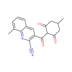 Cc1cccc2cc(C(=O)C3C(=O)CC(C)CC3=O)c(C#N)nc12 ZINC001772616877