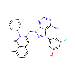 Cc1cccc2cc(Cn3nc(-c4cc(O)cc(F)c4)c4c(N)ncnc43)n(-c3ccccc3)c(=O)c12 ZINC000088345779