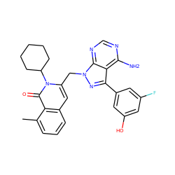 Cc1cccc2cc(Cn3nc(-c4cc(O)cc(F)c4)c4c(N)ncnc43)n(C3CCCCC3)c(=O)c12 ZINC000088345982