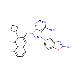 Cc1cccc2cc(Cn3nc(-c4ccc5oc(N)nc5c4)c4c(N)ncnc43)n(C3CCC3)c(=O)c12 ZINC000088345956