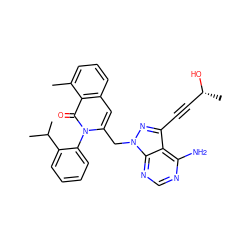 Cc1cccc2cc(Cn3nc(C#C[C@@H](C)O)c4c(N)ncnc43)n(-c3ccccc3C(C)C)c(=O)c12 ZINC000088345804