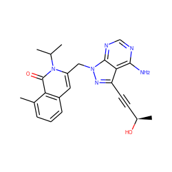 Cc1cccc2cc(Cn3nc(C#C[C@@H](C)O)c4c(N)ncnc43)n(C(C)C)c(=O)c12 ZINC000088345750