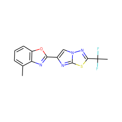 Cc1cccc2oc(-c3cn4nc(C(C)(F)F)sc4n3)nc12 ZINC000205905012