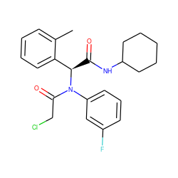 Cc1ccccc1[C@@H](C(=O)NC1CCCCC1)N(C(=O)CCl)c1cccc(F)c1 ZINC000095573920