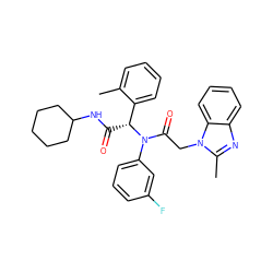 Cc1ccccc1[C@@H](C(=O)NC1CCCCC1)N(C(=O)Cn1c(C)nc2ccccc21)c1cccc(F)c1 ZINC000095576314