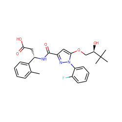 Cc1ccccc1[C@H](CC(=O)O)NC(=O)c1cc(OC[C@@H](O)C(C)(C)C)n(-c2ccccc2F)n1 ZINC000095556168