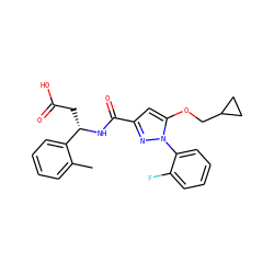 Cc1ccccc1[C@H](CC(=O)O)NC(=O)c1cc(OCC2CC2)n(-c2ccccc2F)n1 ZINC000095555245