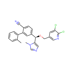 Cc1ccccc1-c1cc([C@@H](OCc2cnc(Cl)c(Cl)c2)c2cncn2C)ccc1C#N ZINC000028359037