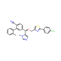 Cc1ccccc1-c1cc([C@@H](OCc2csc(-c3ccc(Cl)cc3)n2)c2cncn2C)ccc1C#N ZINC000028358475